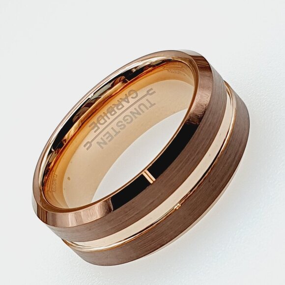Brown and Rose Gold Tungsten Men's Wedding Ring, GALTUN600 - Picture 9 of 10